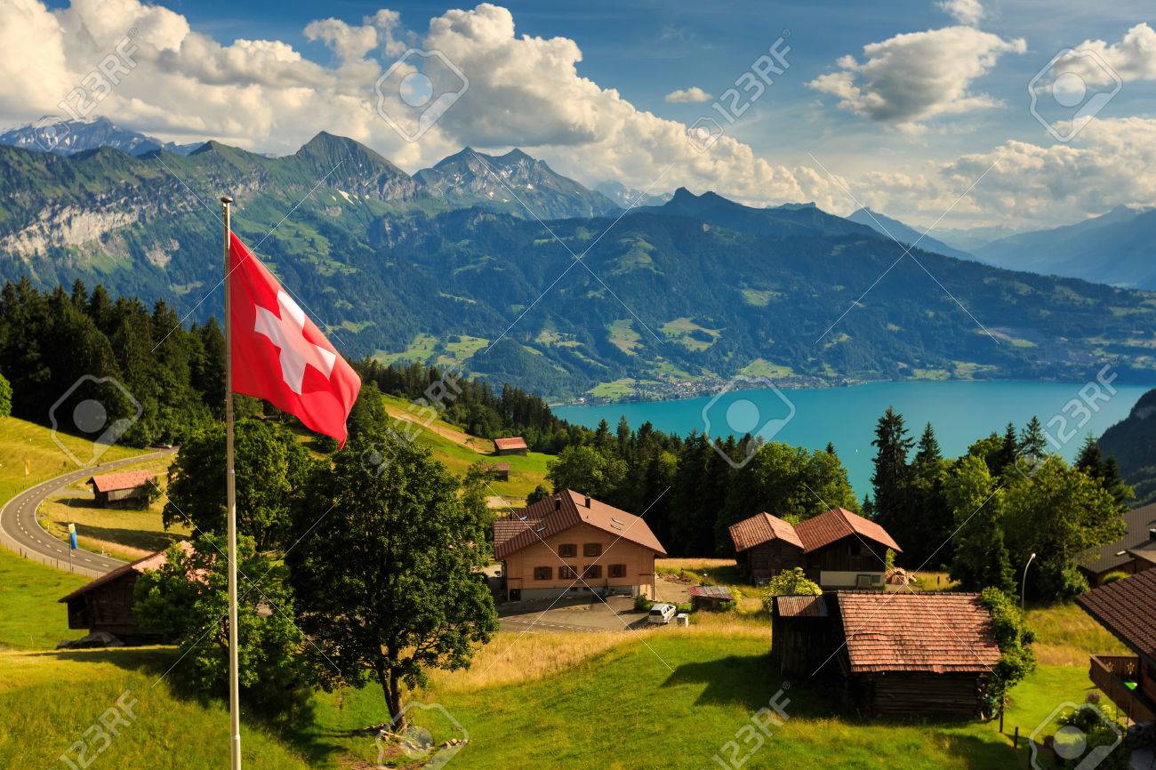 interlaken with swiss flag switzerland